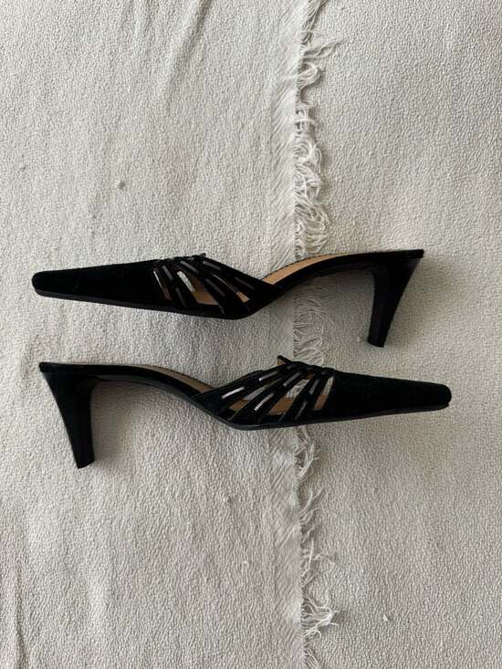 Unisa Shoes - Unisa Black Suede Pointed Toe Cut-Out Kitten Heel Mules